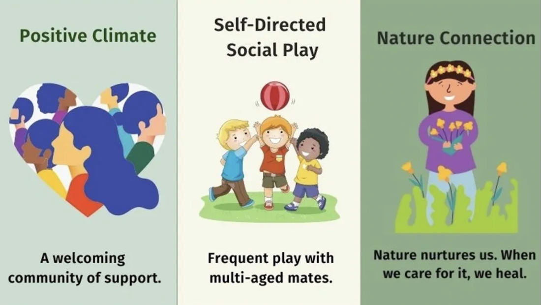 A collection of 3 graphics about positive climate, self-directed social play, and nature connection.