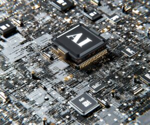 A rendered computer board with a raised black chip that reads AI. 