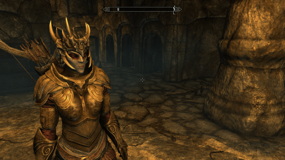 A Skyrim Dark Elf woman wearing the Jagged Crown