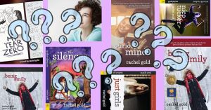 A collage of Rachel's book covers overlaid with blue question marks