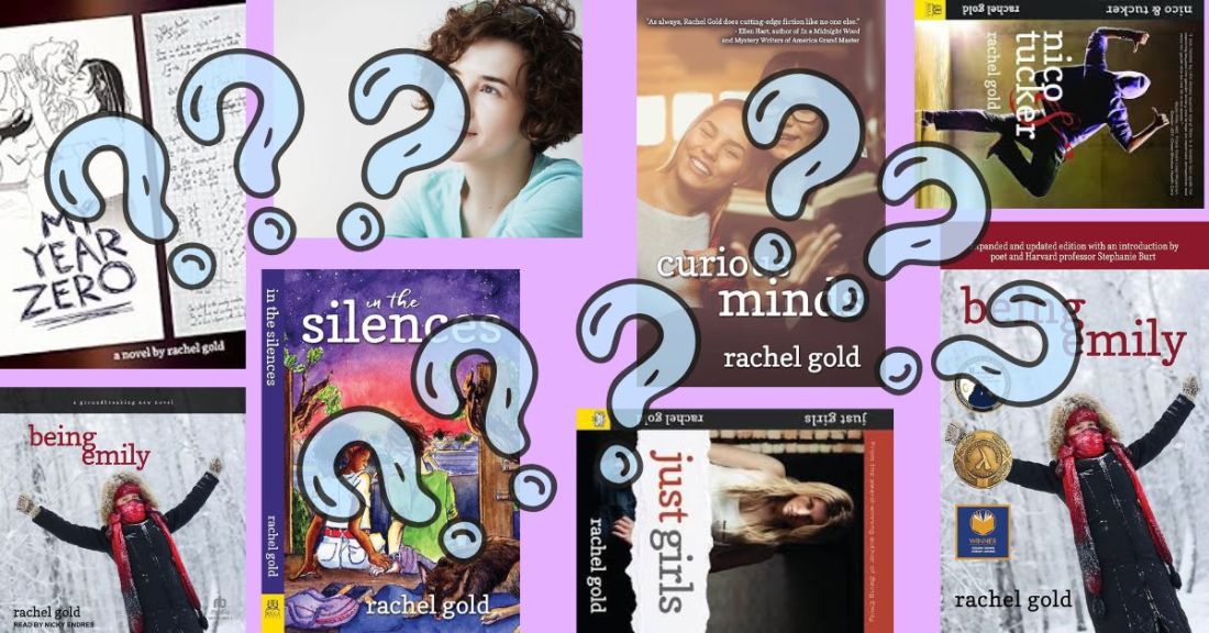 A collage of Rachel's novels with blue question marks