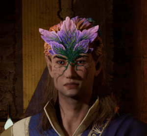 An Avowed player character with light skinand green-purple fungus on their face