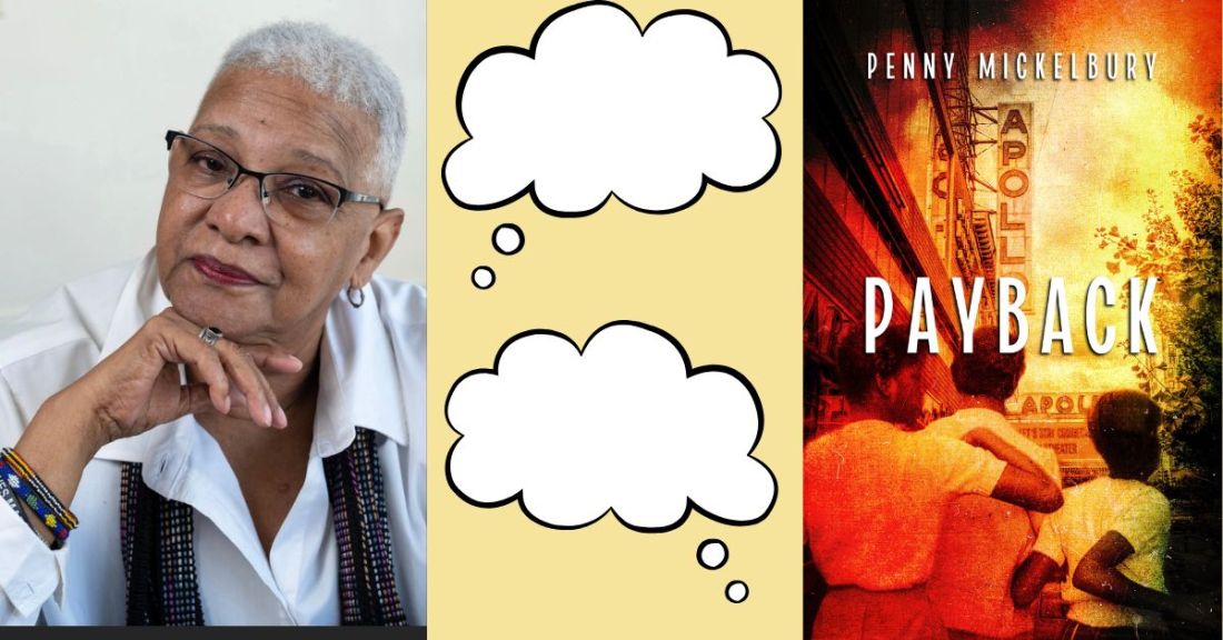 Penny Mickelbury and her new book Payback, with thought bubbles
