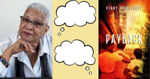 Penny Mickelbury and her new book Payback, with thought bubbles