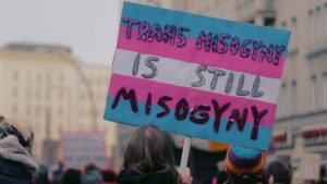 person walking on street holding trans rights sign