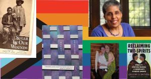 Book covers and author photos in front of a progress pride flag