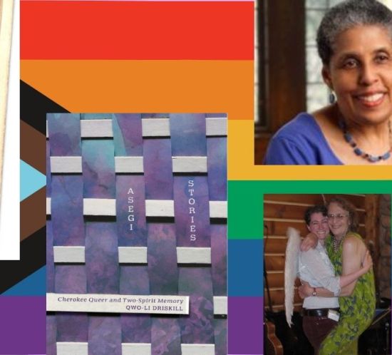 Book covers and author photos in front of a progress pride flag