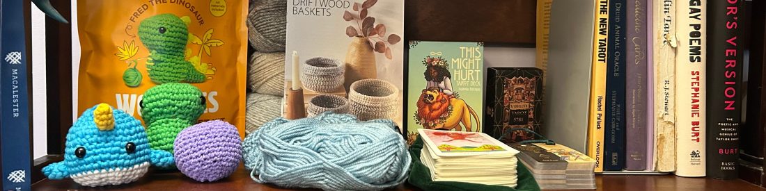 A shelf of crocheted creatures and LGBTQ books