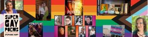 A collage of LGBTQ authors and books with the progress pride flag in the background
