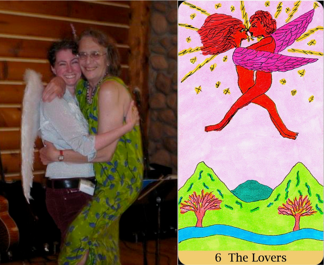 Both Rachels dressed as Tarot characters embracing, next to an image of the Lovers Card they are imitating